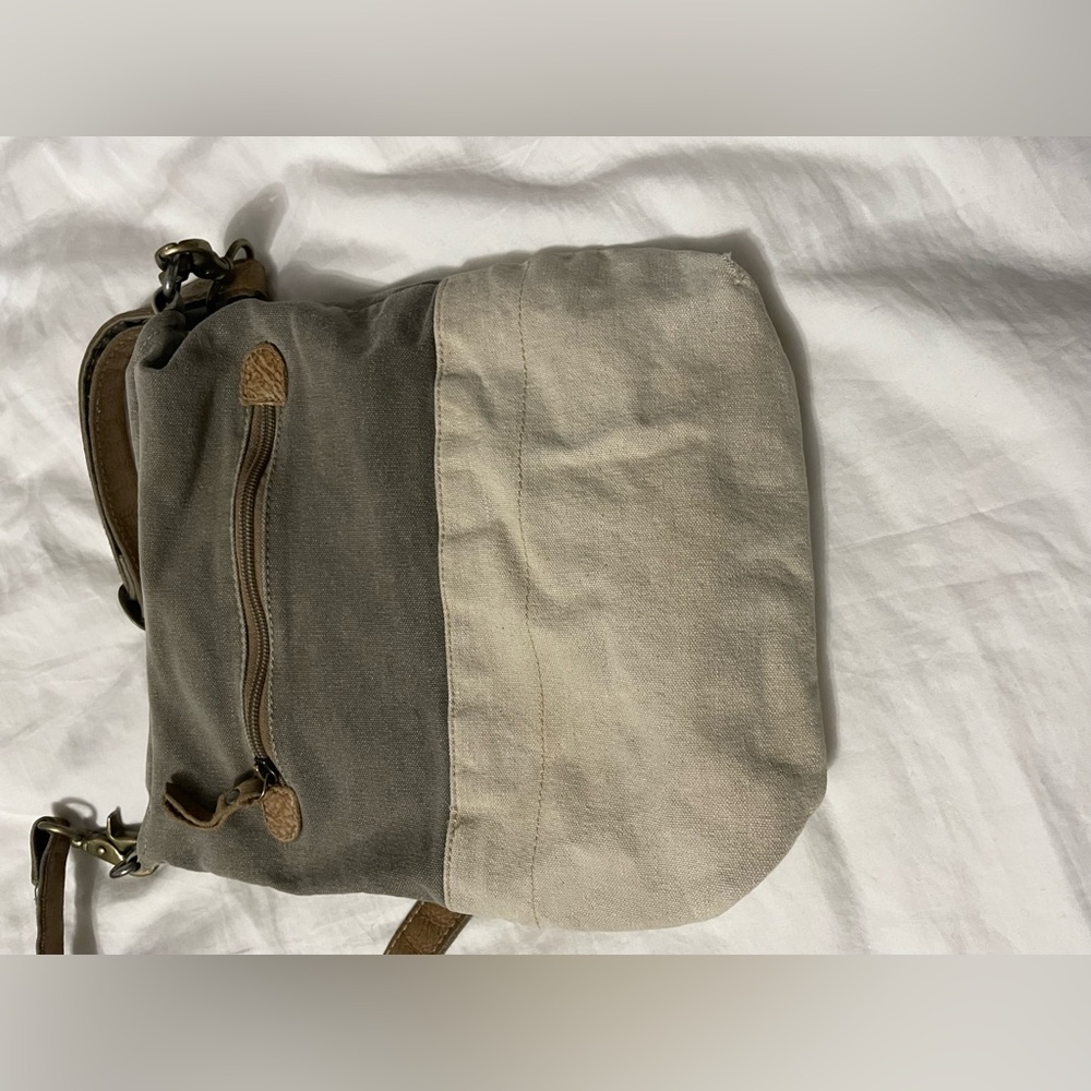 Gray Canvas and Leather Crossbody Bag with Tan Trim - Picture 6 of 14